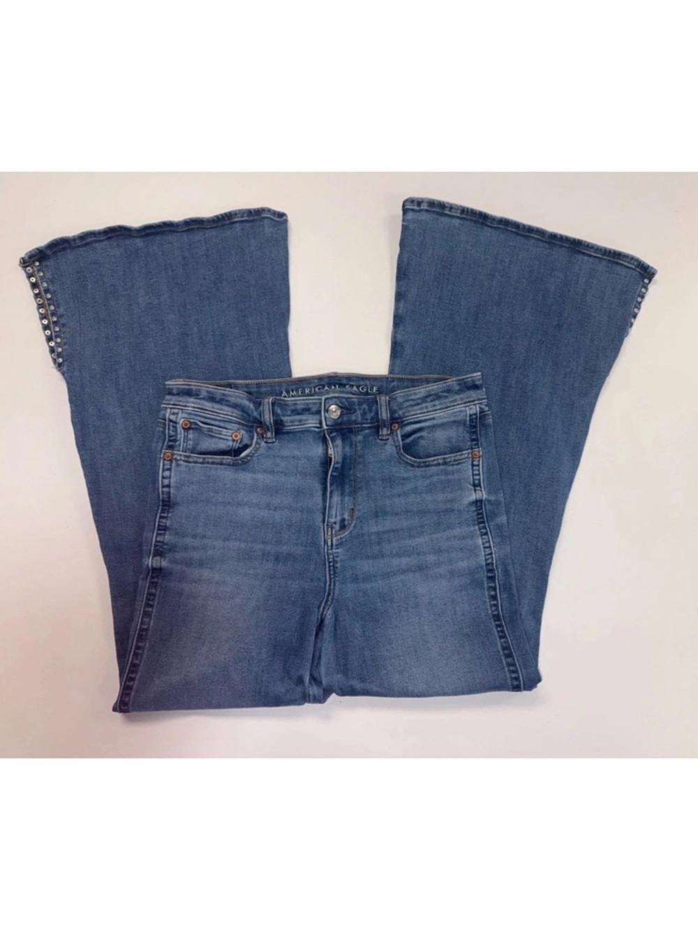 American Eagle Next Level Stretch Festival Flare Jeans Studded Side Slit 10s